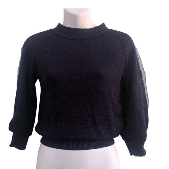 Midnight Blue Sparkle Knit Top | Sheer Sleeve Slits | Size S | NWT - Picture 2 of 8